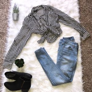 Button up black & white stripe blouse